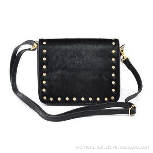 Women Black Horse Hair Leather Crossbody Bags with Crystal